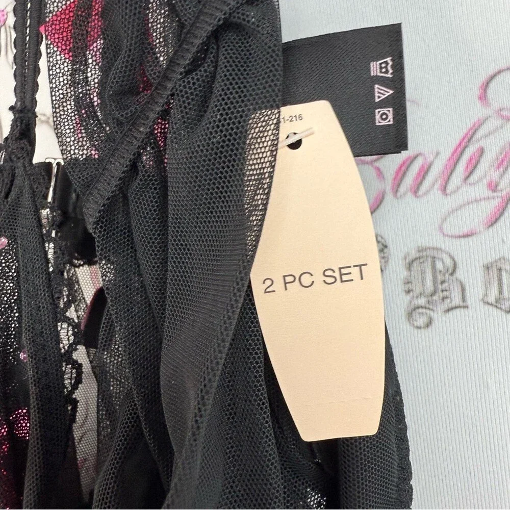 Victoria's Secret set 2 piece sexy little things Black Mesh Babydoll Pink Accent